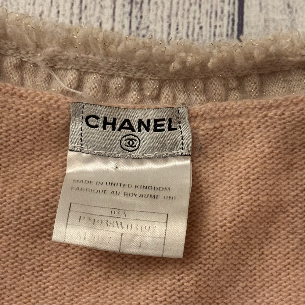 CHANEL 03A Pink 100% Cashmere Fringe Trim Open Front Cardigan Sweater Size 42 - Picture 3 of 13